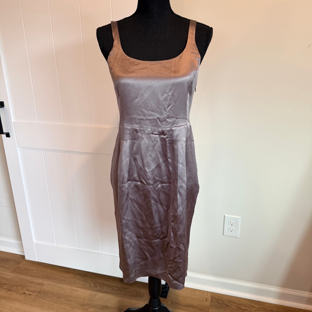 Eileen Fisher Silk Sheath Dress Taupe Gray Metallic Shimmer Sleeveless Tank XS